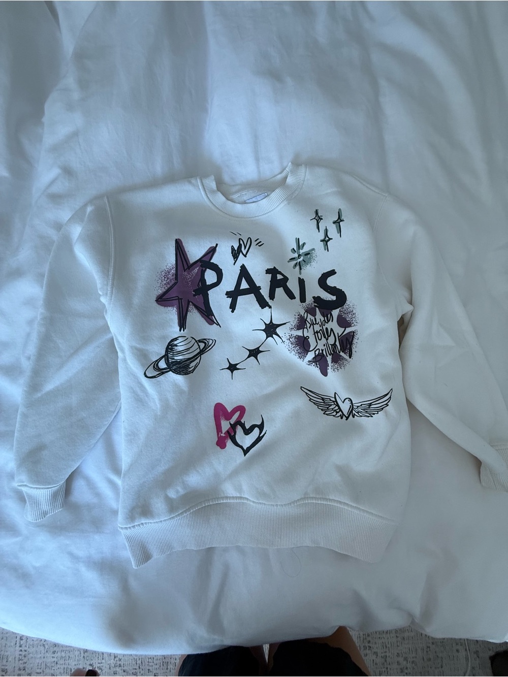 Zara White Paris Graphic Crewneck Sweatshirt with Purple & Pink Accents